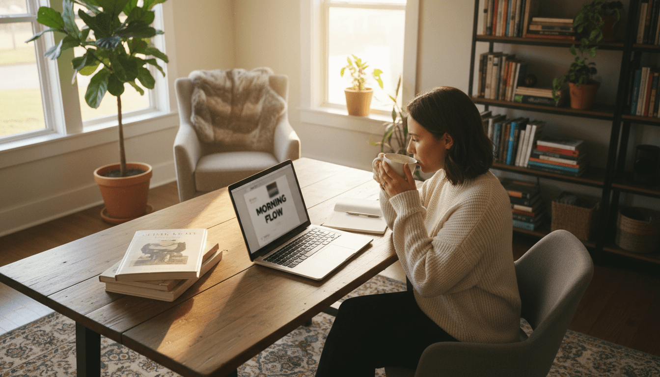 A person sits at a home desk, sipping coffee and browsing on a laptop with soft morning light in the background