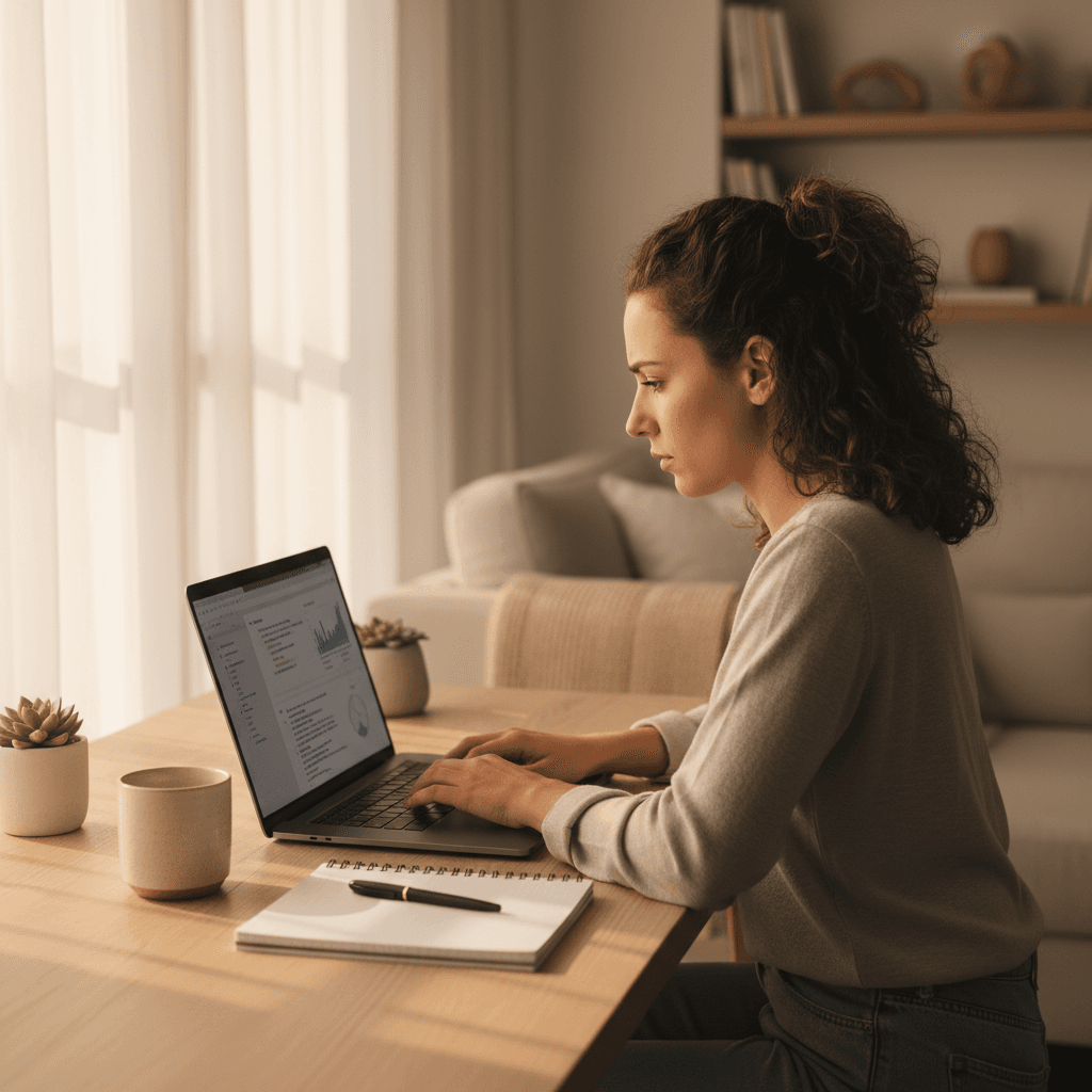 Young professional focused on laptop screen at bright, minimalist home workspace with warm natural light